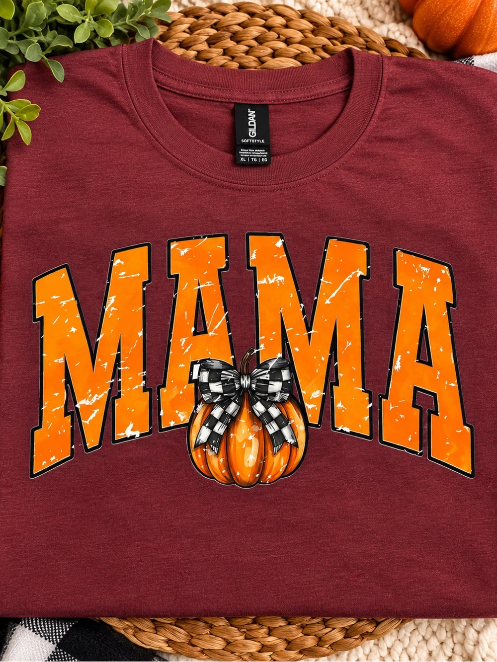 Gildan Burgundy Short-Sleeve Tee with Orange MAMA Pumpkin Graphic